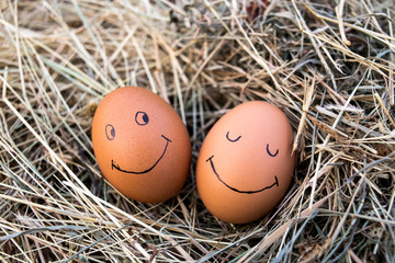 Close up of eggs with drawn funny faces on straw.