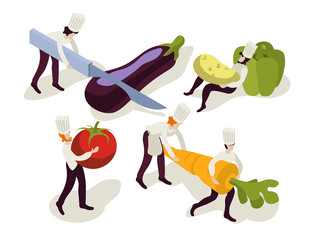 Team of chefs working together and cooking a vegetarian meal, salad. Cook slised vegetable. Isometric flat design. Working process in the kitchen