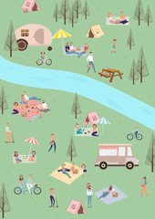 Fototapeta na wymiar Summer picnic with active family vacation with kids, couples, families, relaxing on nature, ride bicycles and skateboard. Editable vector illustration