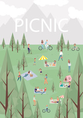 Summer picnic with active family vacation with kids, couples, families, relaxing on nature, ride bicycles and skateboard. Editable vector illustration