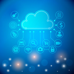 Cloud Technology Abstract. Cloud Computing concept background with a lot of icons. Cloud technology. Cloud computing technology abstract scheme illustration. Vector illustration.