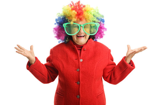 Senior woman with a colorful wig and giant glasses