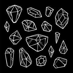 Vector line crystals isolated on black background. Outline sign kit of gemstone. Crystal thin line icons set. Mineral linear icon collection. Diamond, emerald, aquamarine and others. 