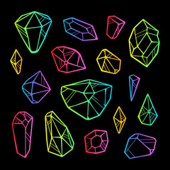 Vector line color neon crystals isolated on black background. Outline sign kit of gemstone. Crystal thin line icons set. Mineral linear icon collection. Diamond, emerald, aquamarine and others. 