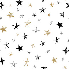 Seamless pattern with black and gold hand drawn vector stars in doodle style isolated on white background. 