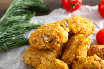 Chickpea cutlet and pasta on a white plate