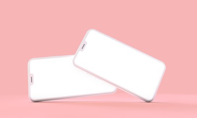 Smartphone mockup with blank white screen on a pink background. 3D Render