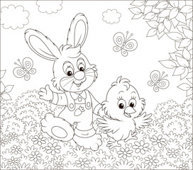 Little bunny and his friend a small chick walking and waving in greeting among butterflies and flowers on a sunny spring day, black and white vector illustration in a cartoon style