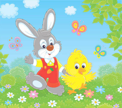 Little grey bunny and his friend a small yellow chick walking and waving in greeting among colorful butterflies and flowers on a sunny spring day, vector illustration in a cartoon style