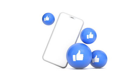 Smartphone mockup with blank white screen and social media thumbs up. 3D Render