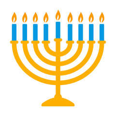 Hanukkah menorah candelabrum with nine lit candles flat vector color icon for holiday apps and websites - obrazy, fototapety, plakaty