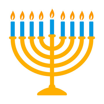Hanukkah menorah candelabrum with nine lit candles flat vector color icon for holiday apps and websites