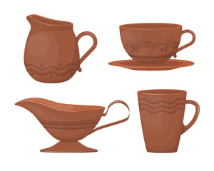 Ceramic pottery. Beautiful clay carafes with a decorative ornament.