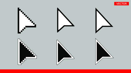 6 black and white arrow pixel and no pixel mouse cursors icons signs vector illustration set flat style design isolated on gray background.