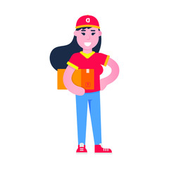 Fototapeta na wymiar Fast delivery girl character flat style design vector illustration. Delivery woman with the box in her hands. Symbol of delivery company. Fast and free.