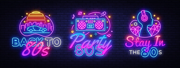 80's collection neon signs vector. Back to the 80s design template concept. Neon banner background design, night symbol, modern trend design. Vectro Illustration - obrazy, fototapety, plakaty