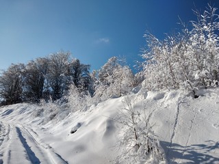 Paisaje de invierno con montaña en pueblo de Parva Transilvania Rumanía