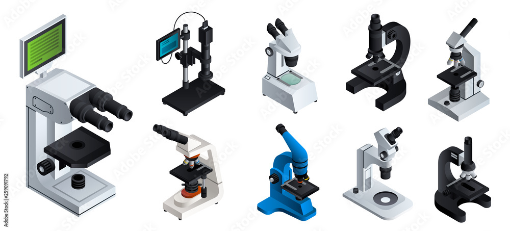 Poster microscope icons set. isometric set of microscope vector icons for web design isolated on white back