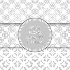 Floral seamless patterns compilation. Gray designs on white backgrounds