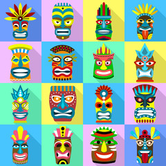 Tiki idols icons set. Flat set of tiki idols vector icons for web design