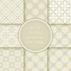 Compilation of floral patterns. White design with flowers on olive green background