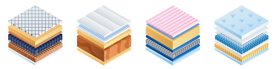 Mattress icons set. Isometric set of mattress vector icons for web design isolated on white background