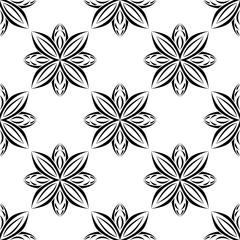Floral seamless pattern. Black flowers on white background