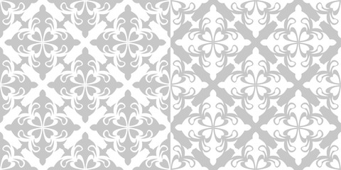 Floral seamless patterns. Gray and white designs. Backgrounds compilation