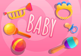 Baby toys concept banner. Cartoon illustration of baby toys vector concept banner for web design