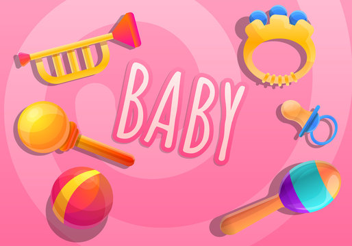 Baby toys concept banner. Cartoon illustration of baby toys vector concept banner for web design