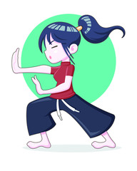 Cartoon style ponytail hair girl training Kungfu steadily vector illustration
