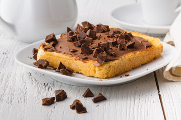 Breakfast with Delicious toasts with chocolate paste on plate