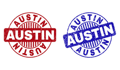 Grunge AUSTIN round watermarks isolated on a white background. Round seals with grunge texture in red and blue colors. Vector rubber watermark of AUSTIN title inside circle form with stripes.