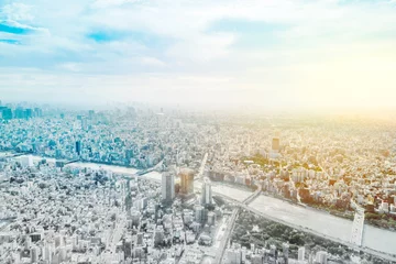 Foto op Plexiglas panoramic modern city skyline mix sketch effect © voyata