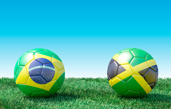 Two soccer balls in flags colors on green grass. Brazil and Jamaica. 3d image