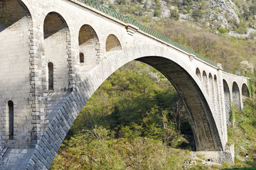Historical Solkan bridge over Soca river, Nova Gorica, Slovenia, Europe.