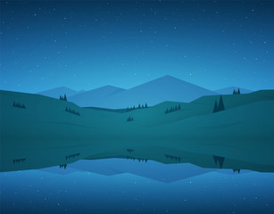 Flat cartoon Night Mountain Lake landscape with reflection and stars on sky.