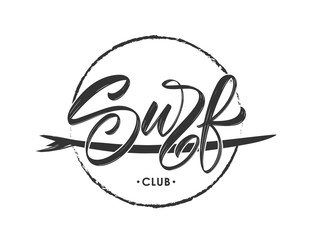 Vintage hipsters hand lettering logo of Surf club with surfing board.