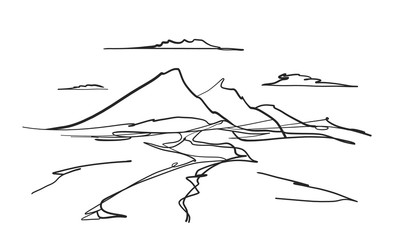 Hand drawn Mountains doodle sketch landscape with road or river and clouds