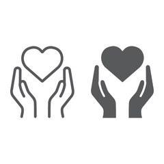 Heart in hands line and glyph icon, love and care, arms with heart sign, vector graphics, a linear pattern on a white background.