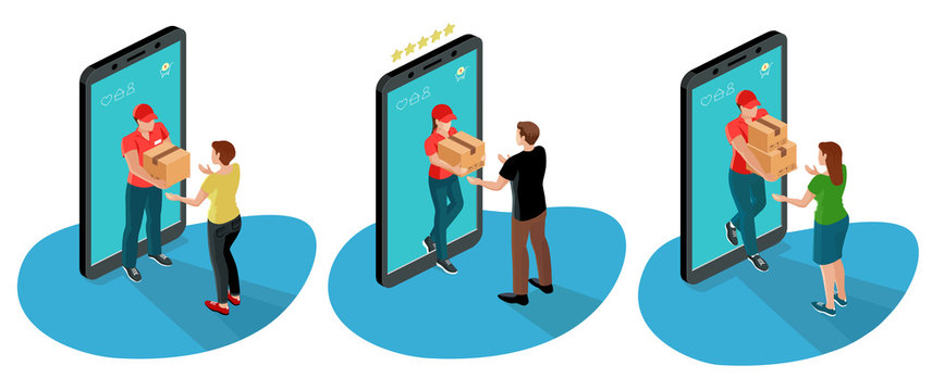 Isometric set of online order concept. Delivery to door. Courier with box and customer. Vector illustration.