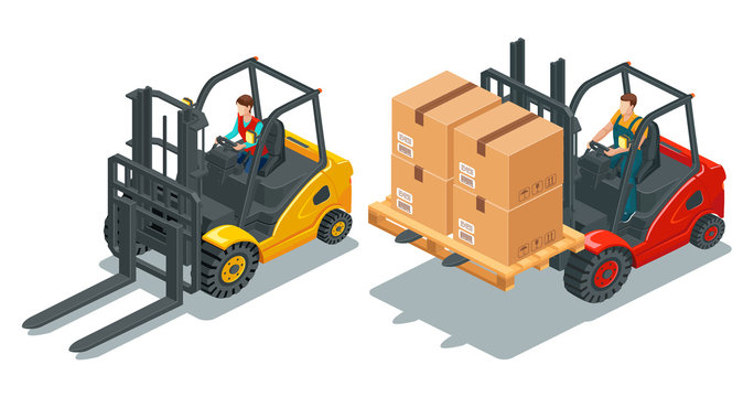 Isometric image of forklift trucks with a man and woman drivers and pallet with boxes. Front view. 3d effect vector illustration isolated on white background. Set