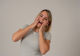 Portrait of surprised and happy woman celebrating victory and winning lottery in human emotions