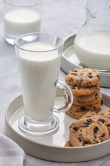 Breakfast with milk and biscuits with chocolate chips