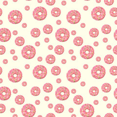 Donuts with pink glaze and colored splashes on yellow background. Seamless pattern for design textile