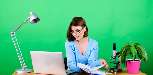 Achieving best results. digital science. businesswoman. chemist biologist with microscope. data and...