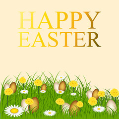 Easter eggs on the green grass. Seasonal holidays in April. Colorful egg and flowers.Banner