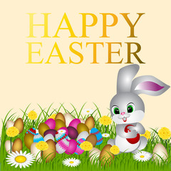 Easter eggs on the green grass. Seasonal holidays in April. Colorful egg and flowers.Banner