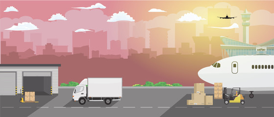 Modern creative delivery and shipping logistics service in business and freight cargo concept illustration. Flat color Vector.