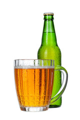 Fresh beer glass and bottle close up isolated on white background